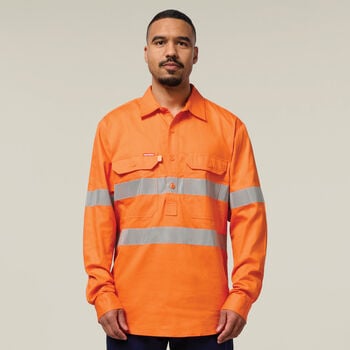 Hi-Vis Closed Front Taped Long Sleeve Cotton Drill Shirt